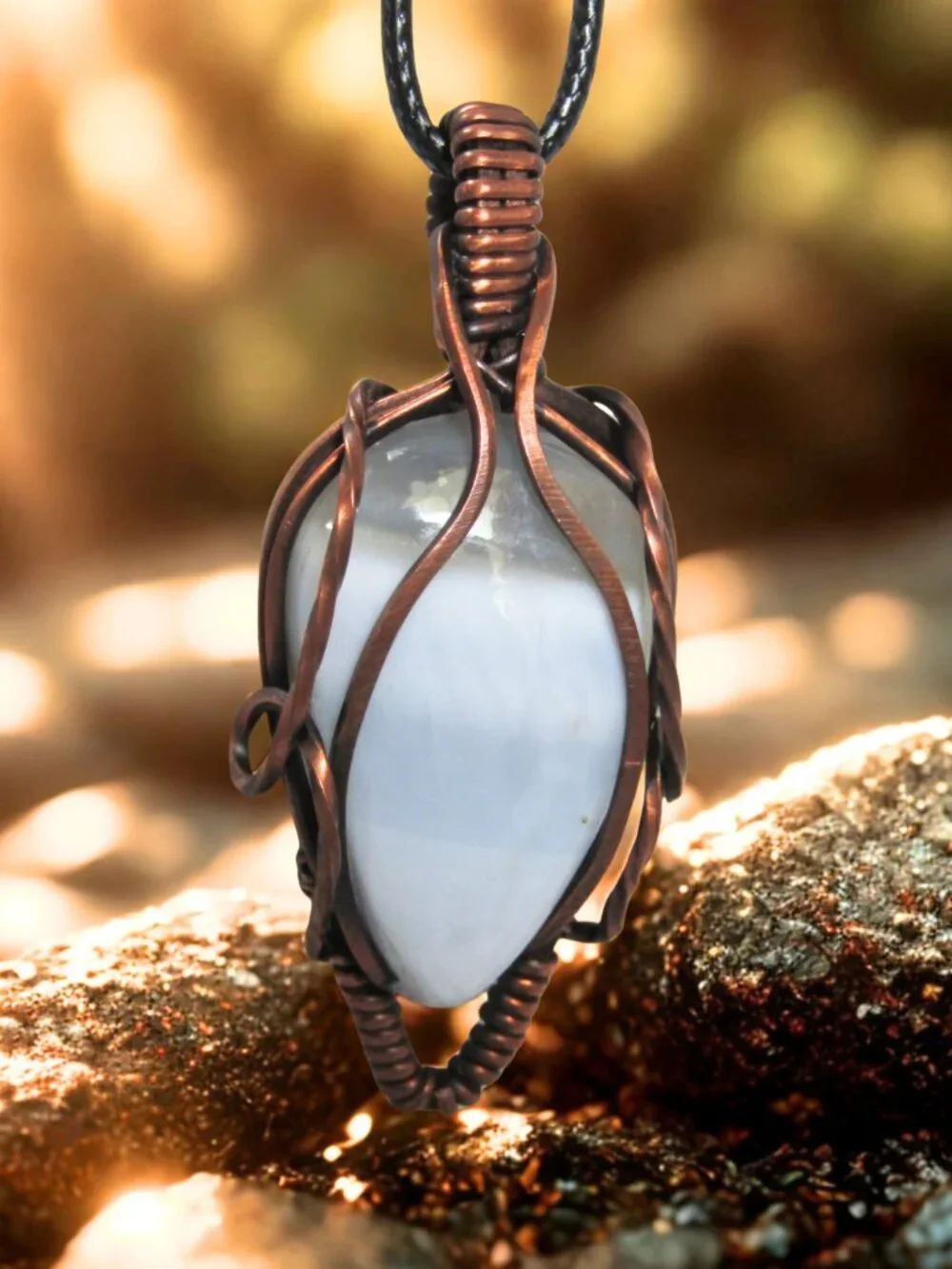 Handmade Blue Opal Wire Wrapped Copper Pendant Necklace